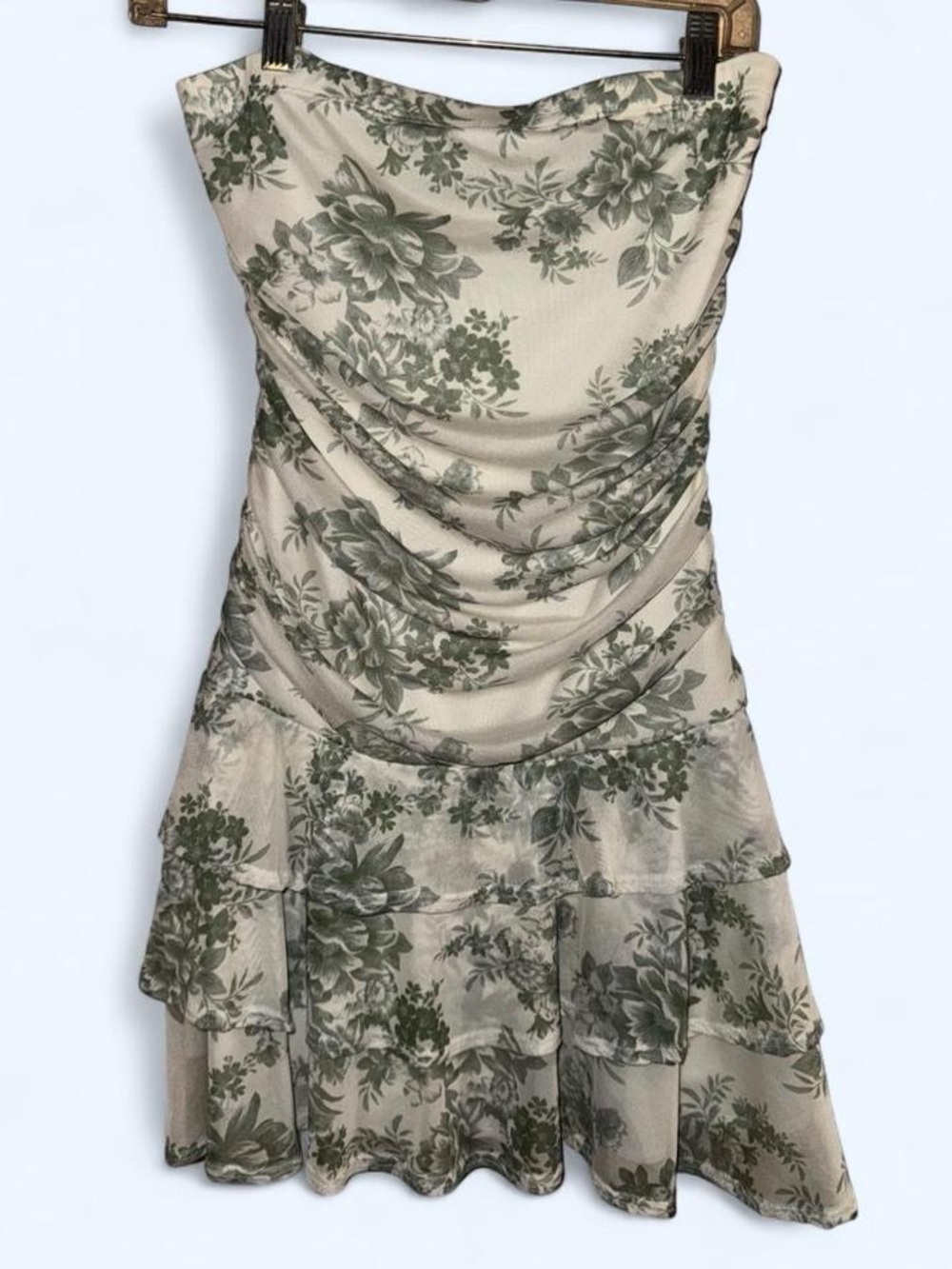 Papermoon Ivory Strapless Floral Ruffle Dress in Sage Green